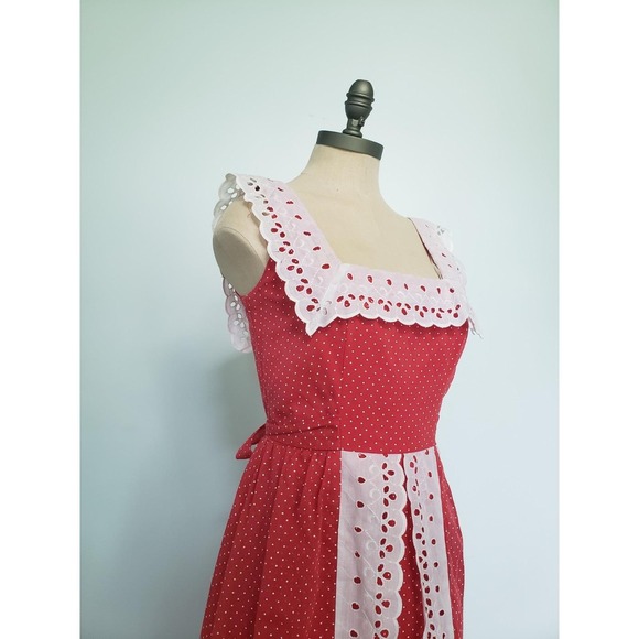 VTG 70s Jay's Maxi Dress Red Polka Dot Eyelet Lace Prairie Cottagecore Waist Tie - Picture 3 of 10